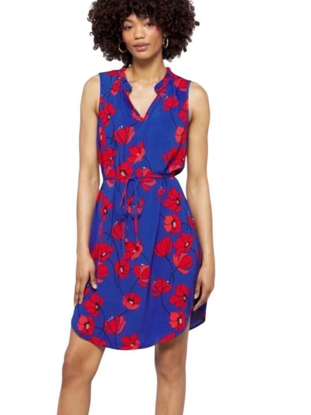 41 Hawthorne Sleeveless Royal Blue Floral Tie-Waist Dress - Red Floral Print